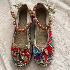 Womens 10 Floral India Inspired‎ Beaded Cord Detail Slip On Comfort Ballet Flats